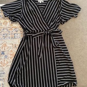 Striped Black Faux-Wrap Dress